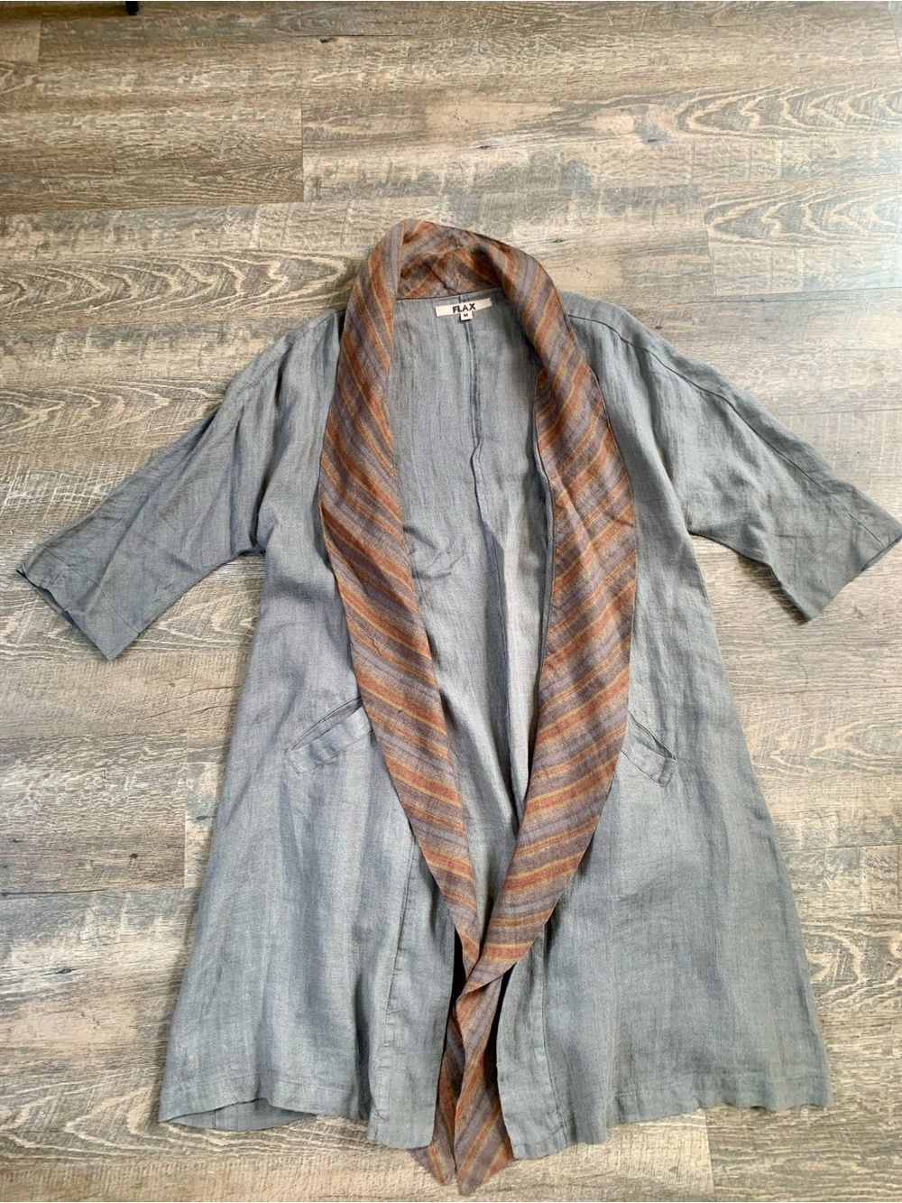 Flax Boho Gray Linen Jacket with Brown-Tan Striped Shawl Collar
